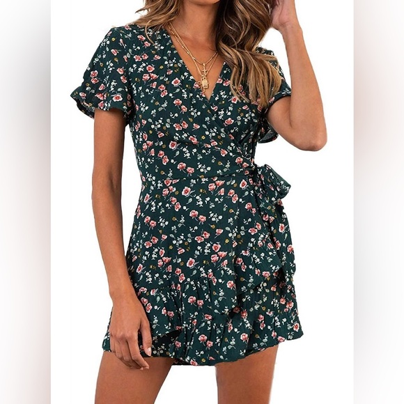Amazon Dresses & Skirts - Green Floral Wrap Dress with Ruffle Hem – Short Sleeve Boho Mini Dress Sz S EUC